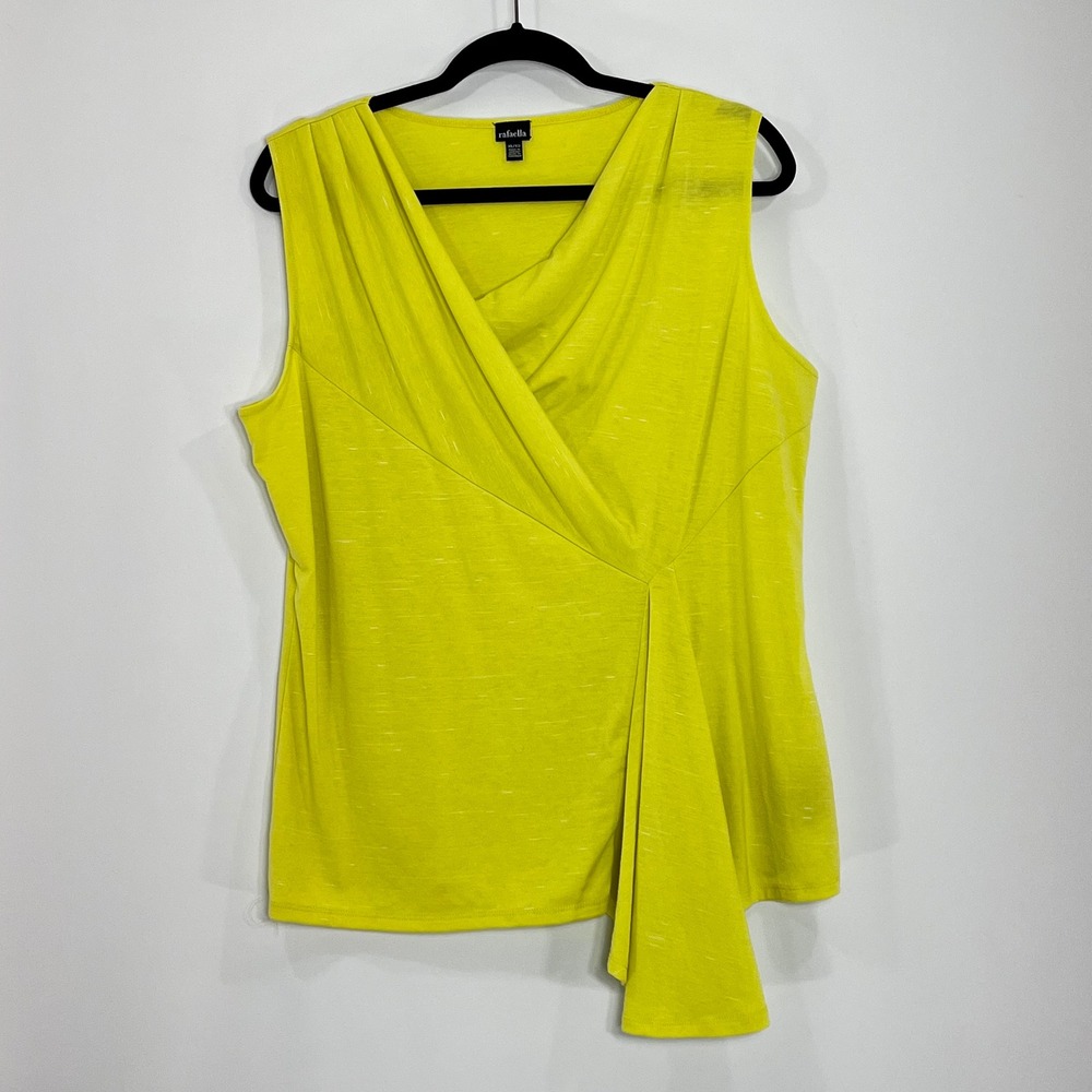 Rafaella Womens Lime Yellow Faux Wrap Draped Sleeveless Slub Knit Top XL